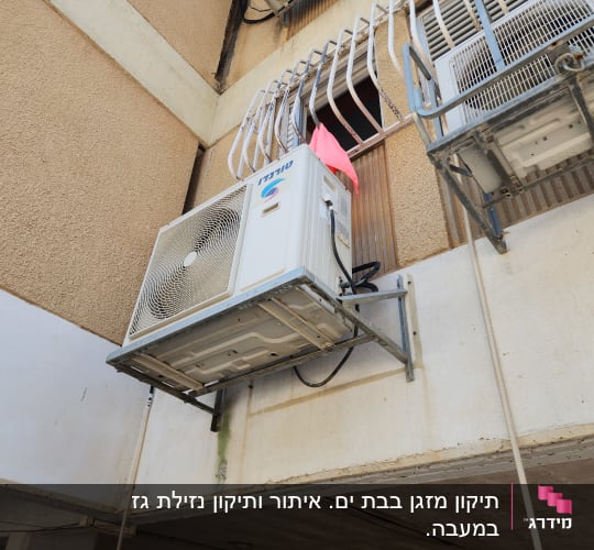 מעבה של מזגן טורנדו מותקן על תושבת מתכת בקיר חיצוני
